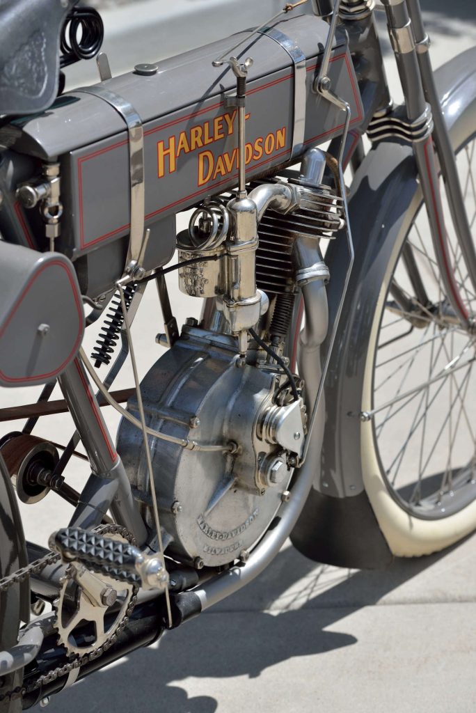 A close-up of a Harley-Davidson from 1908.