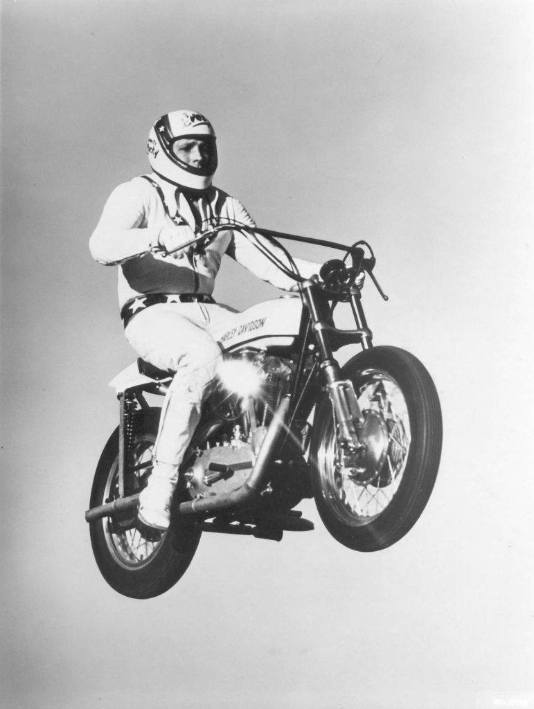Evel Knievel on a Harley-Davidson.
