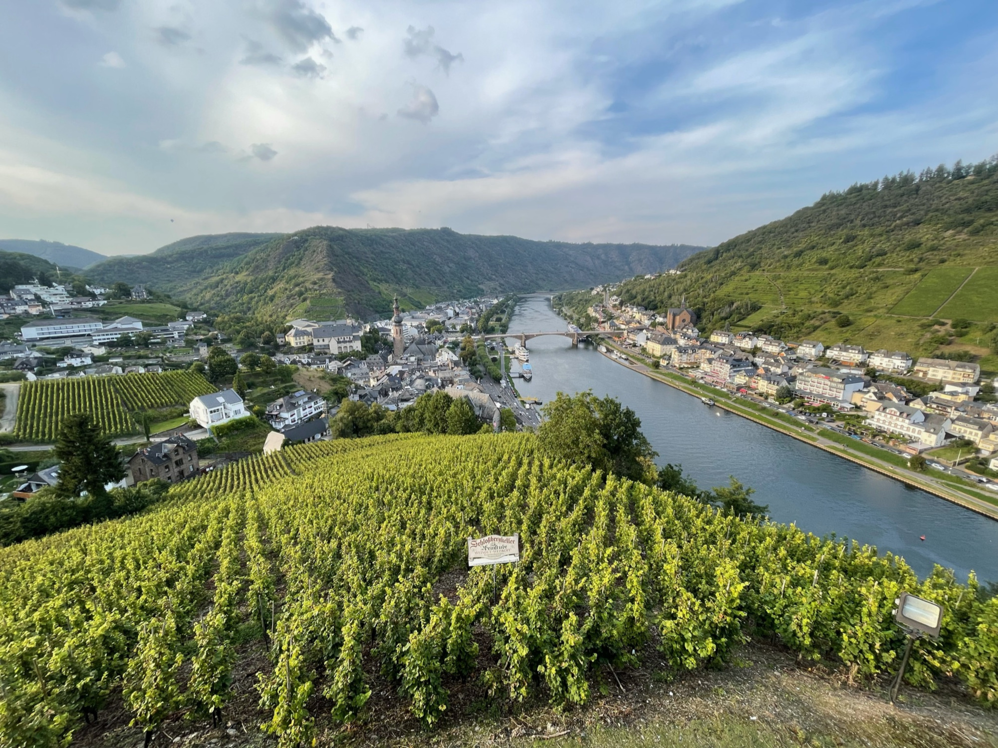 A picture of a green landscape and a river.