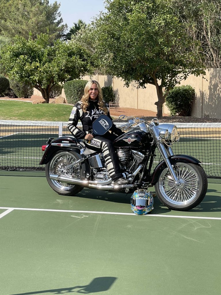 Valerie on a Harley-Davidson.