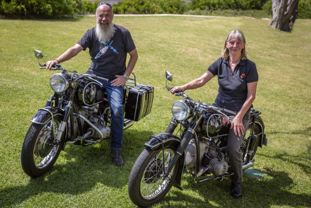 A picture of Bob and Chris sitting on their motorcycles.