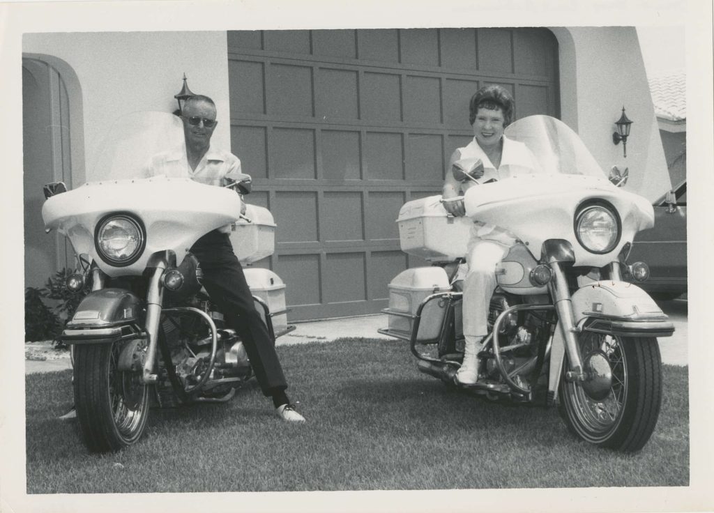 Earl and Dot Robinson on their Harley-Davidsons.