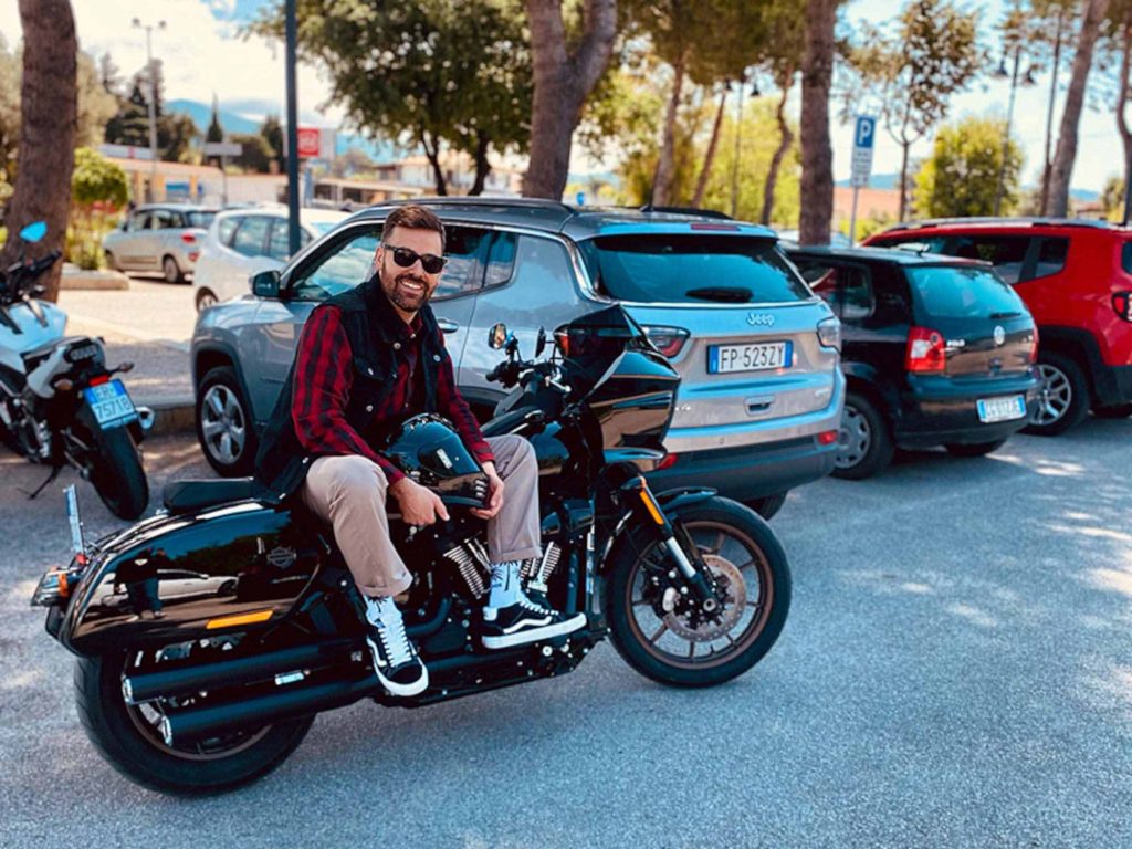 Giuseppe Tosi on a Harley-Davidson in Italy