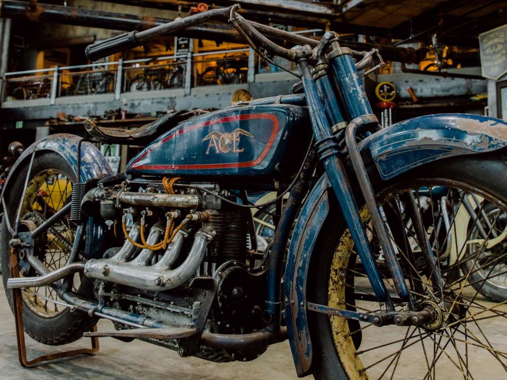 Close-up of an Ace motorcycle.