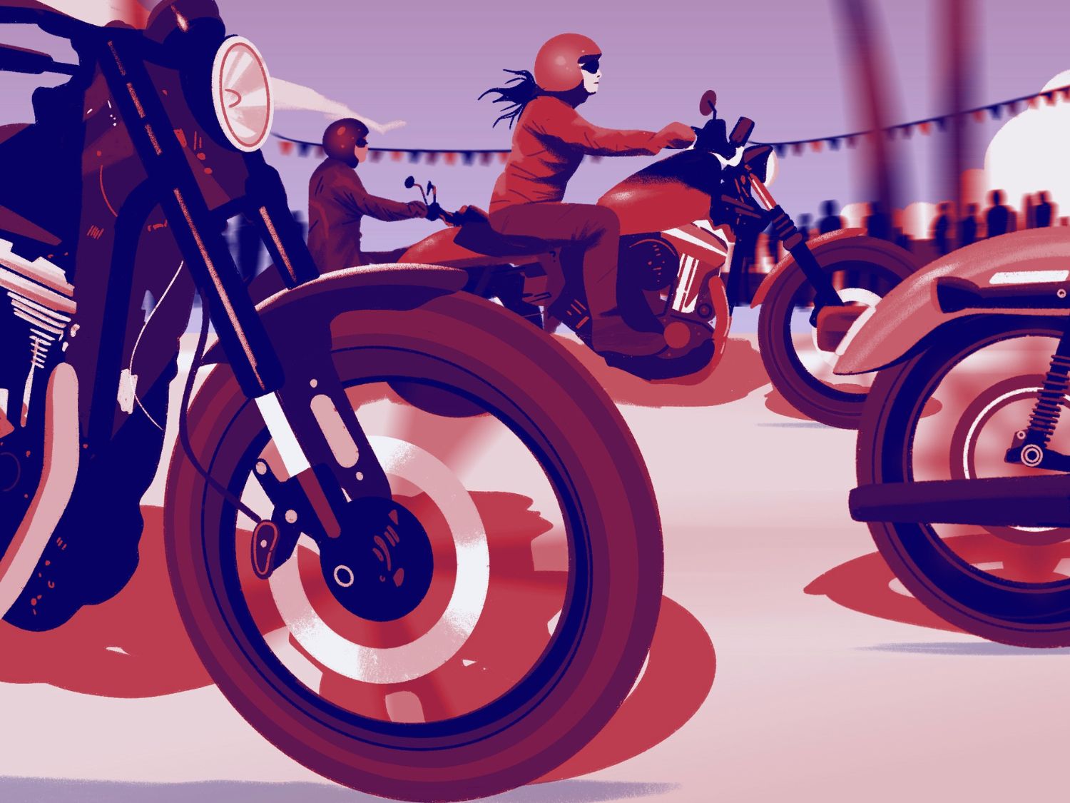 Graphic showing a group of motorcyclists riding at a large event