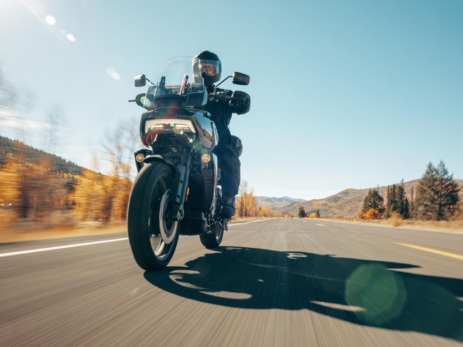 Road-level view of a motorcyclist riding on an open road lined by trees.