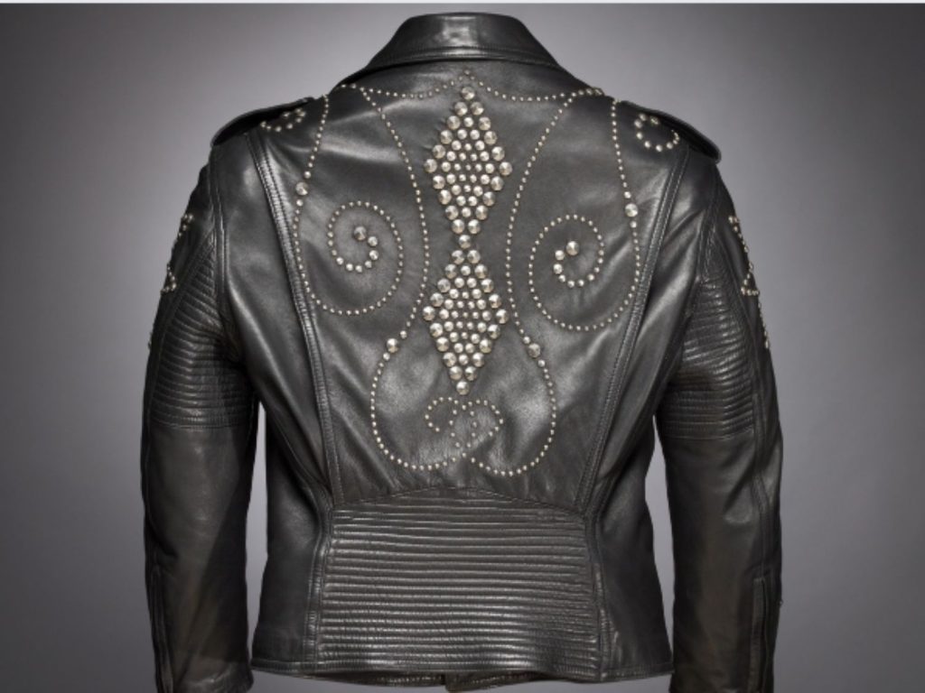 The back of a Versace leather jacket.