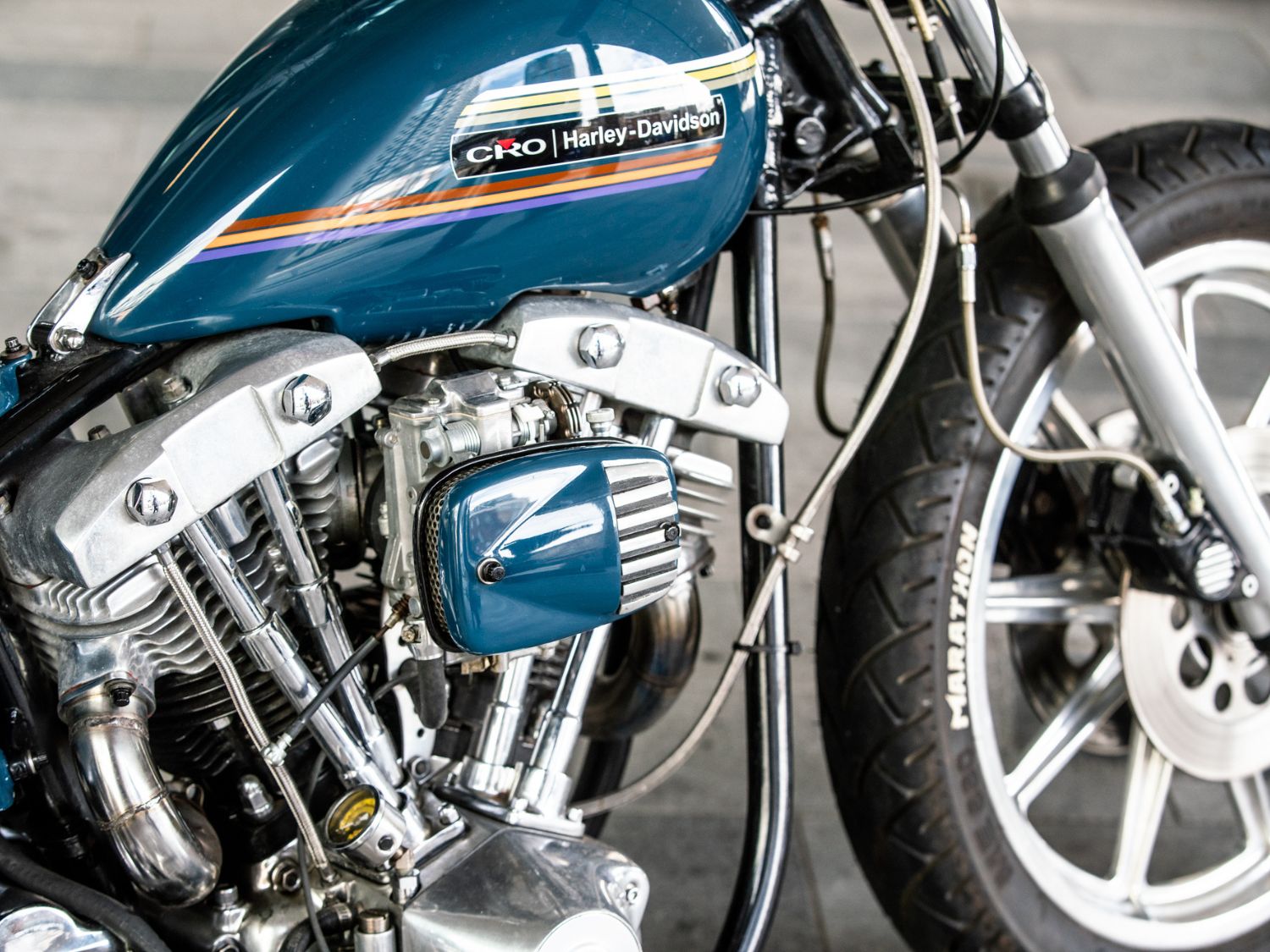 A close-up of a Harley-Davidson bike.